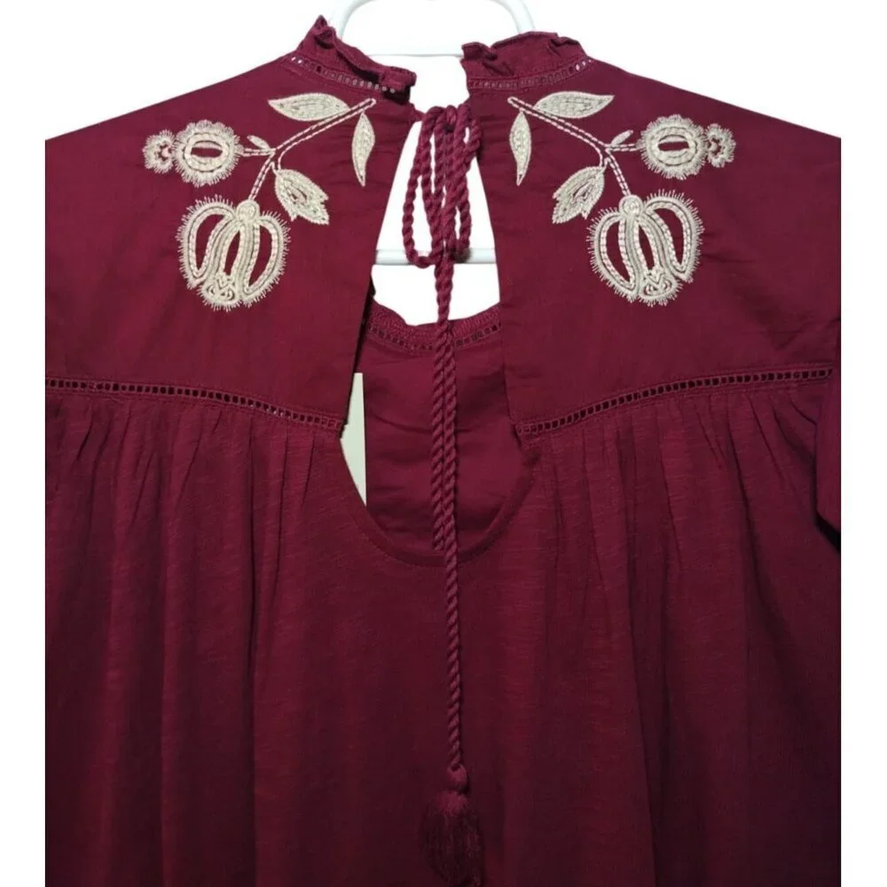 Knox Rose Womens Embroidered Maroon Blouse With Tassel Tie Size Large, NWT. - Picture 4 of 8